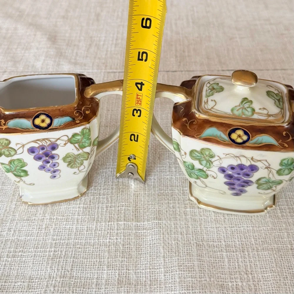 Antique Noritake Hand-Painted Grape Creamer and Sugar Bowl w/Top Set,  apan